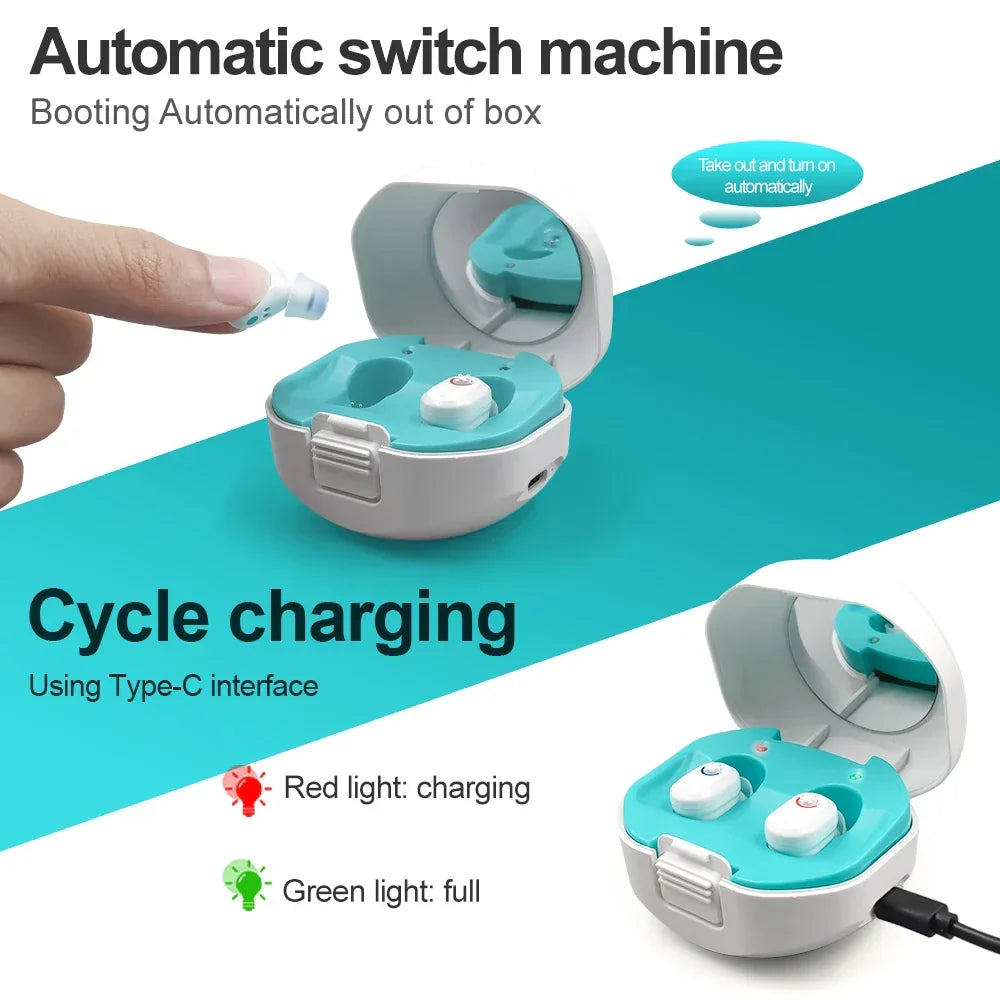 Diskret wiederaufladbare Mini In-Ear Hörhilfen; ideal für aktive Senioren mit Hörschwäche.