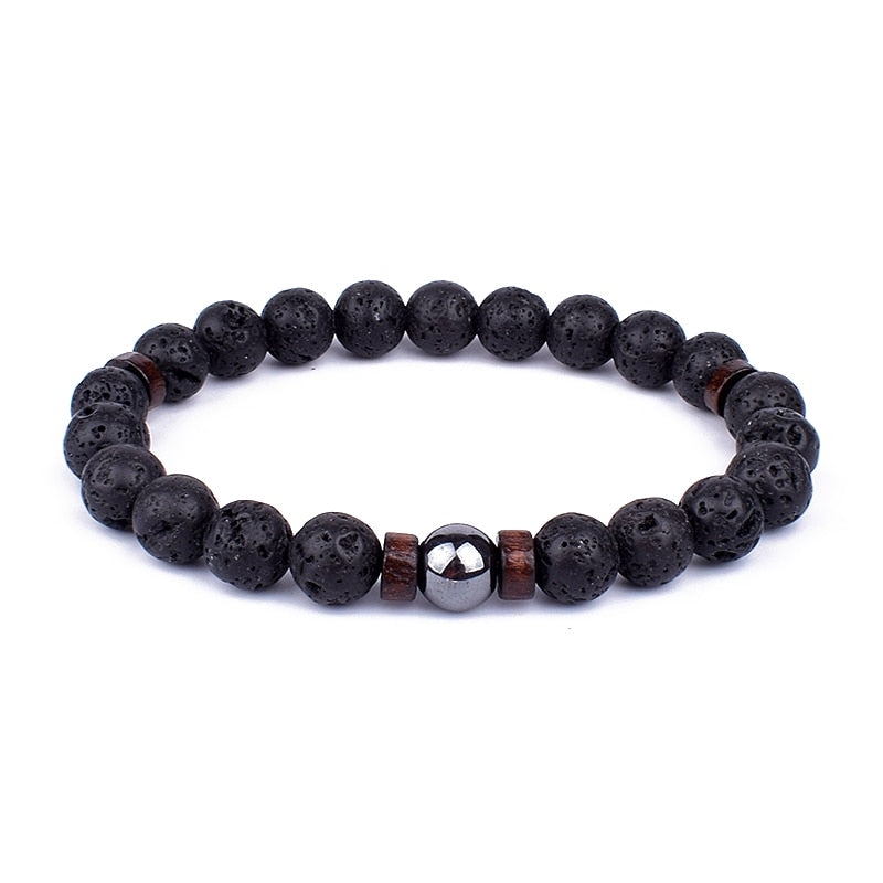 Herren Lavastein Armband mit Holzperlen, Naturstein Energie & Stil, elastisch, dunkle Textur.