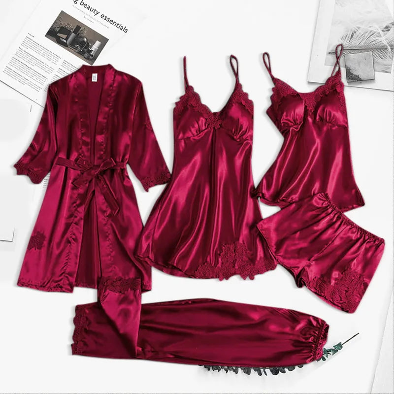 Damen 5-teiliges Pyjama & Morgenmantel Set aus luxuriöser Schlafkleidung für maximalen Komfort und Entspannung.