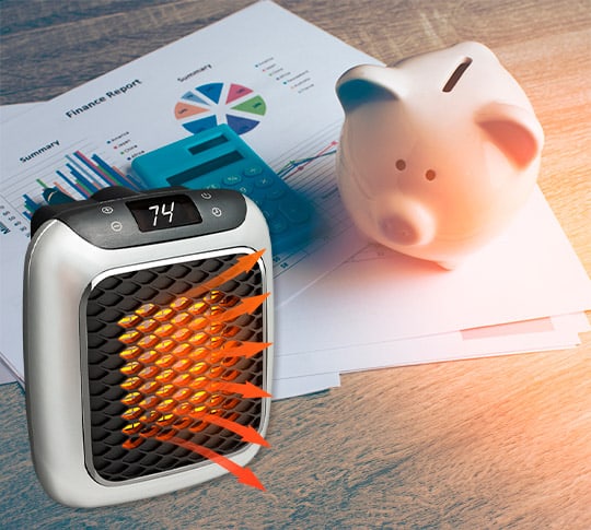 Nahaufnahme des Bedienfelds der tragbaren HeatPulse Raumheizung, zeigt digitale Anzeige und Tasten für einfache Steuerung.
