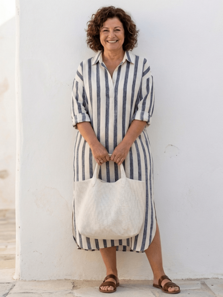 Elegantes Damen Hemdblusenkleid mit feinen Streifen, Midi-Länge, Kragen und durchgehender Knopfleiste.
