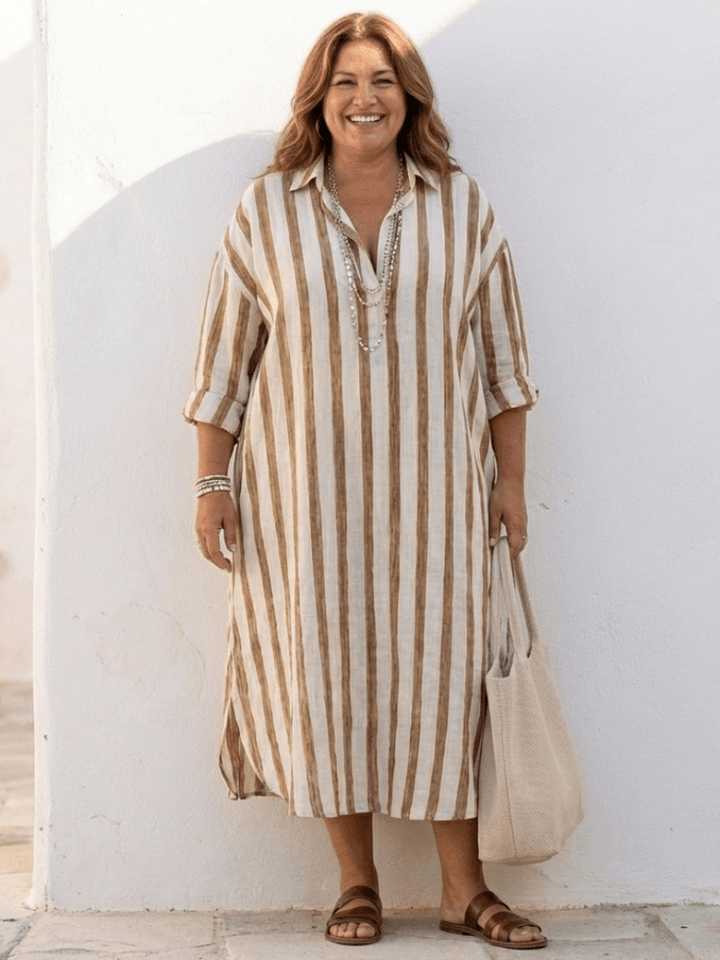 Tailliertes Damen Midi-Streifenkleid, stilvoll und modisch, perfekt als elegantes Hemdblusenkleid im Alltag.
