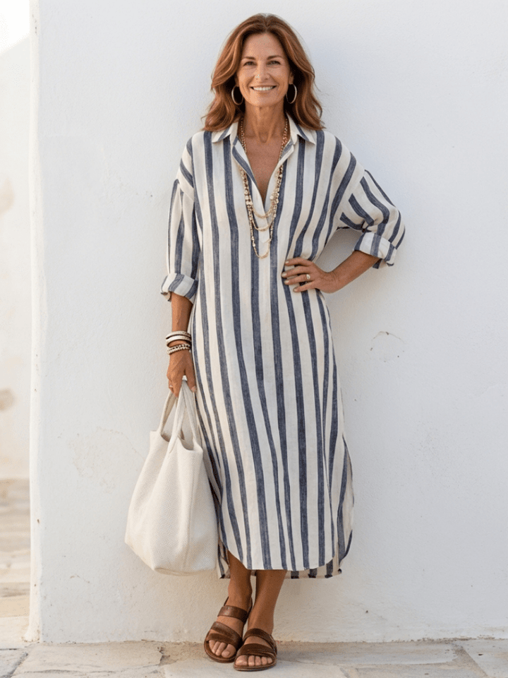 Damen Hemdblusenkleid, gestreift, elegantes Midi-Kleid mit Kragen und Knopfleiste, ideal für Sommer.