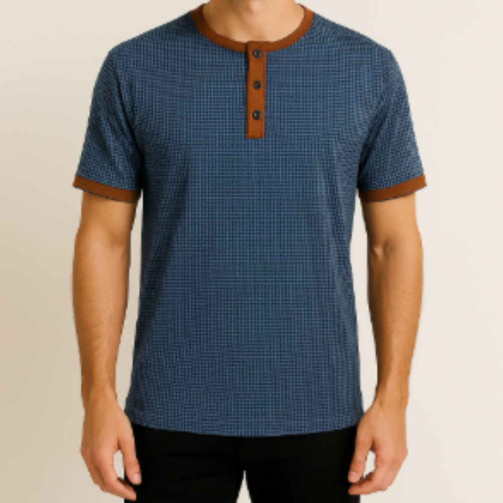 Dunkelblaues Herren T-Shirt im Henley-Stil. Kurzarm-Shirt mit Stehkragen und Knopfleiste für sportlichen Komfort.