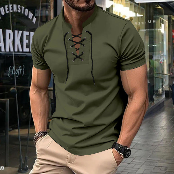 Lässiges Slim-Fit Herren Henley Shirt, Kurzarm mit V-Ausschnitt & Schnürung, ideal für Freizeit & Urban Style.