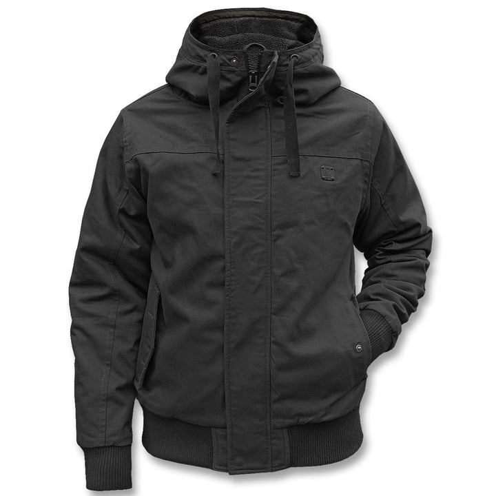 Detailaufnahme der Herren Winterjacke, sportlicher Blouson-Stil mit warmer Kapuze.