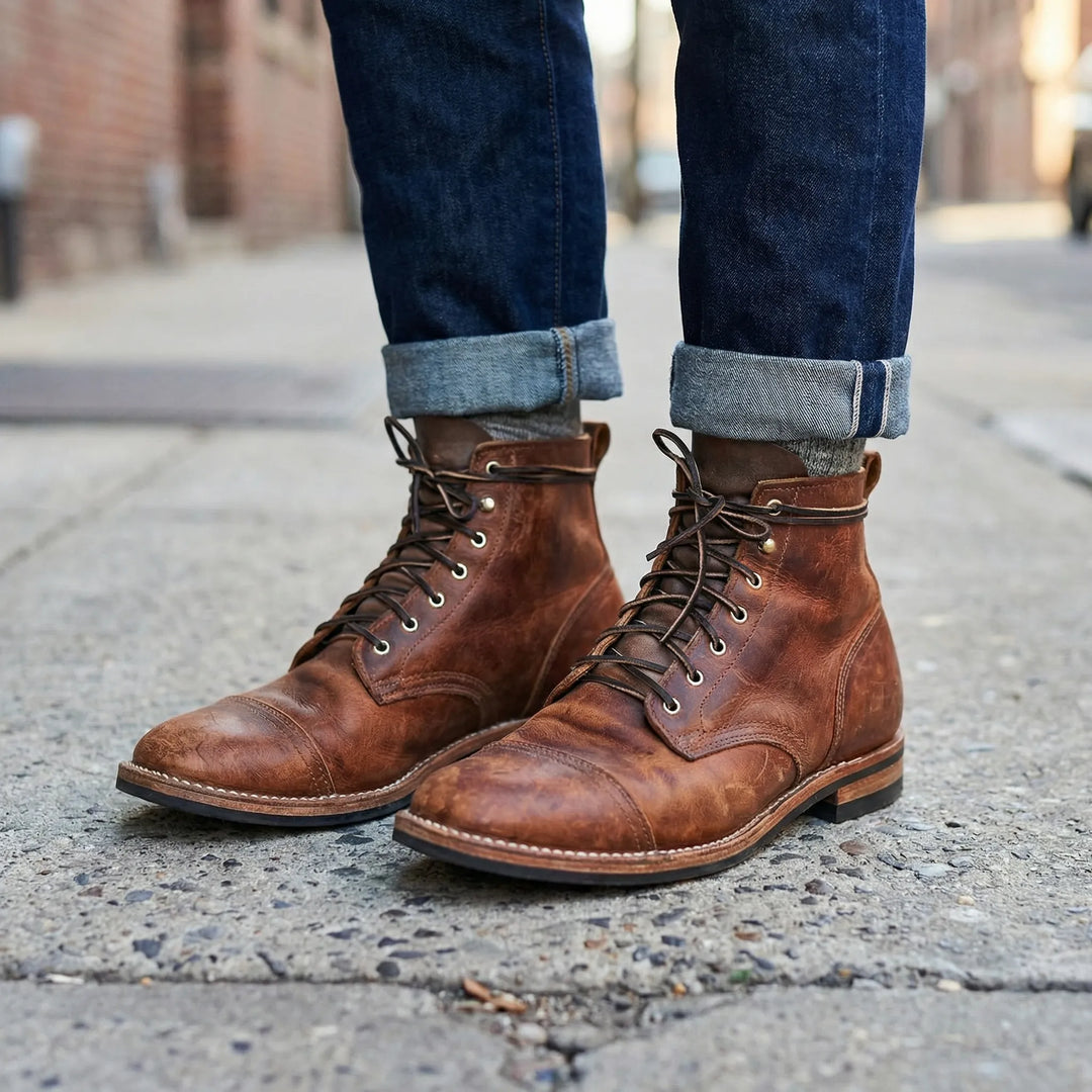 Braune Herren Schnür-Knöchelstiefel 'Declan' für stilvollen Alltag & Komfort. Ideal für Herbst/Winter.