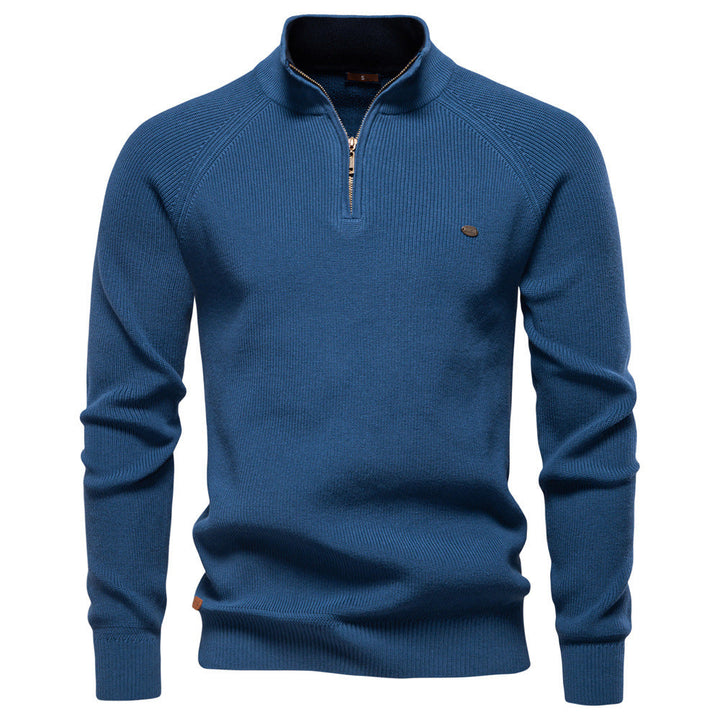 Business Casual Herrenpullover mit Reißverschluss & Stehkragen. Hochwertiger Strick für Komfort.