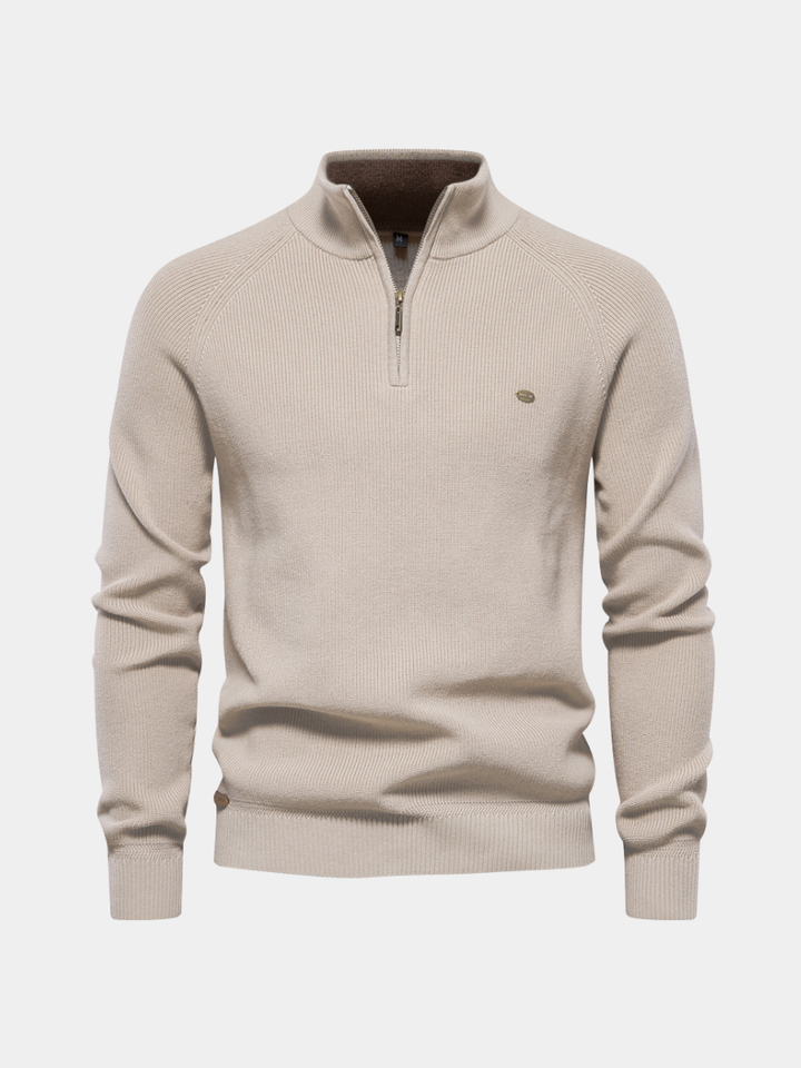 Herren Strickpullover Mateo mit Halb-Reißverschluss. Eleganter Stehkragen für Business Casual Looks.