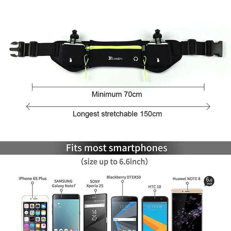 Leichter Lycra Laufgürtel, unisex, mit sicheren Taschen für Smartphone & Trinkflasche. Bequem beim Joggen.