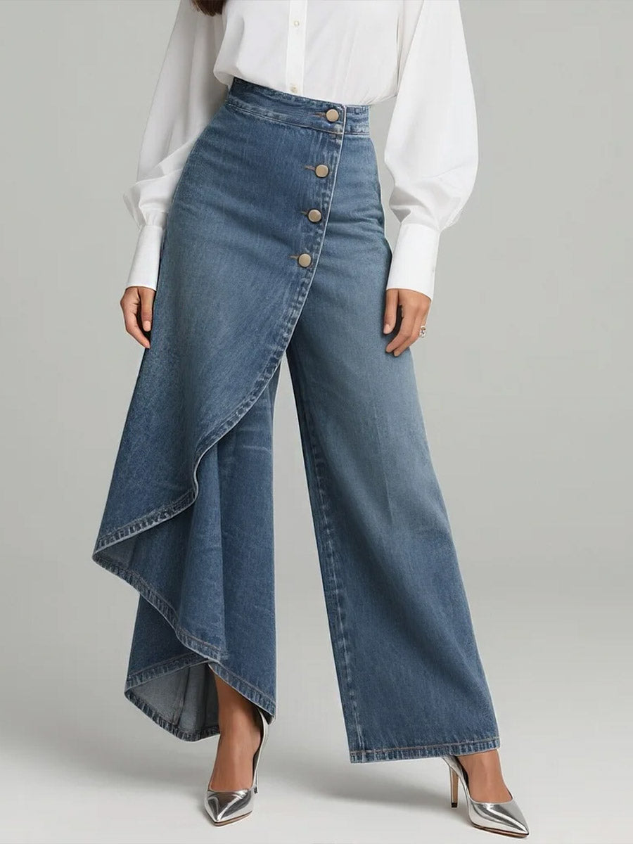 Modische Avantgarde High Waist Hose für Damen mit weitem Bein & asymmetrischem Design.