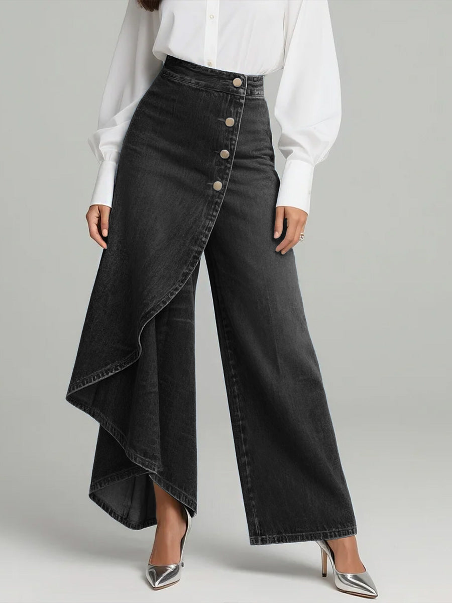 Trendige Damen Jeans, High Waist, weites Bein, asymmetrisch; die perfekte Wahl für ganzjährige Statement-Looks.