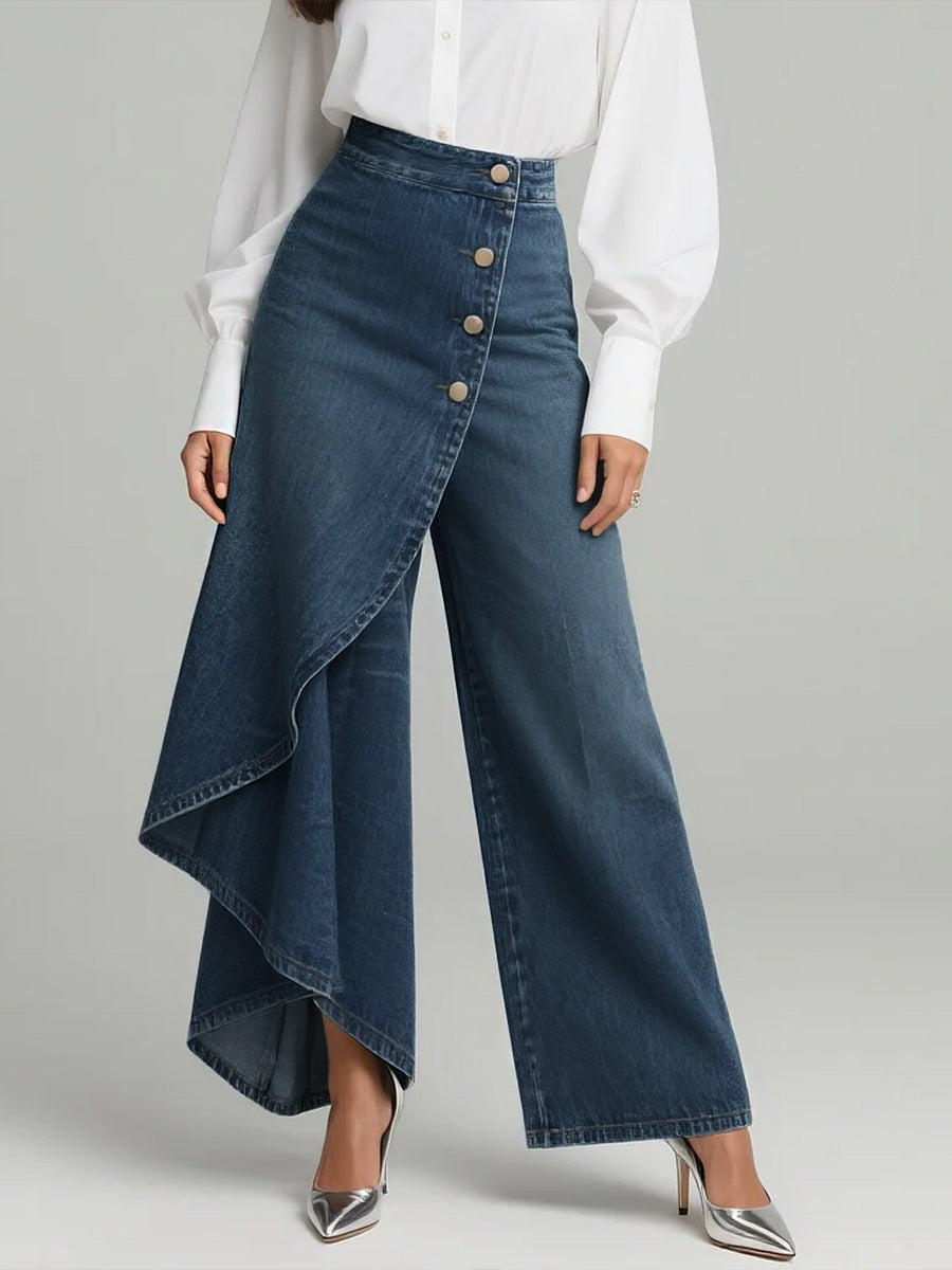 Damen High Waist Jeans mit weitem Bein und asymmetrischem Bund für Statement-Looks.