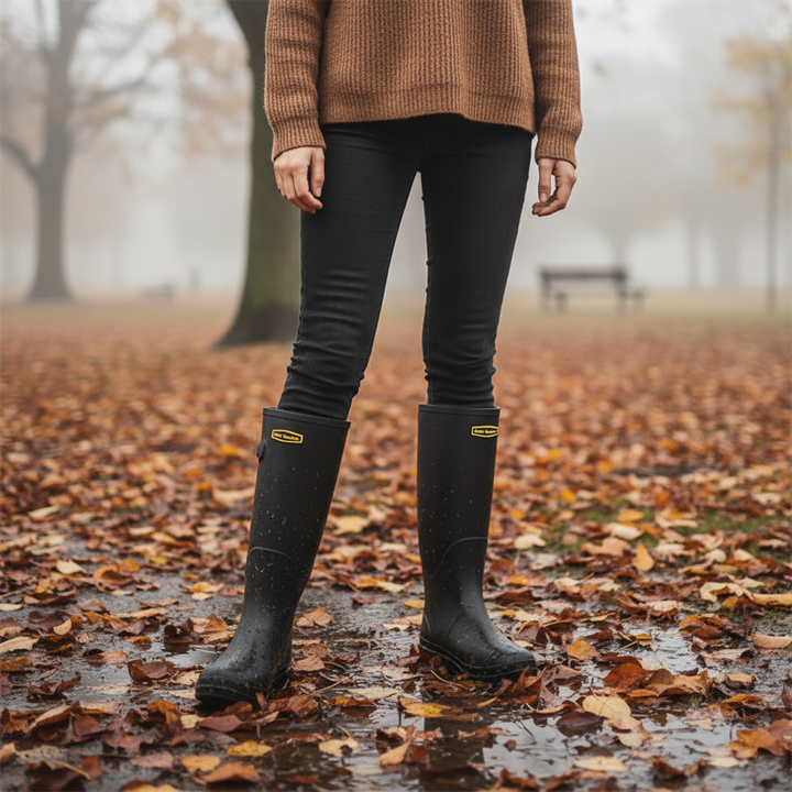 Modische Damen Regenstiefel „Claudia“ in Schwarz, wasserdicht & rutschfest, perfekt für Herbst & Winter.