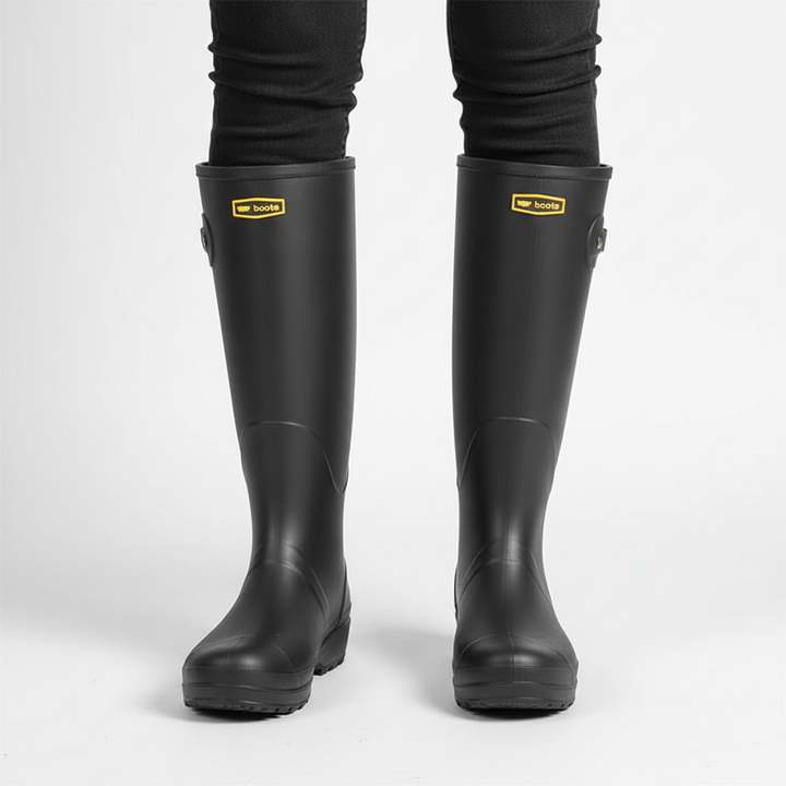 Hochwertige, wasserdichte Damen Regenstiefel „Claudia“ in Schwarz mit mattem Finish für optimalen Alltagskomfort.
