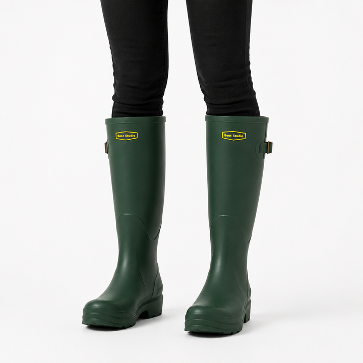 Detailansicht des hochwertigen Materials der wasserdichten Damen Regenstiefel „Claudia“, langlebig & modisch.
