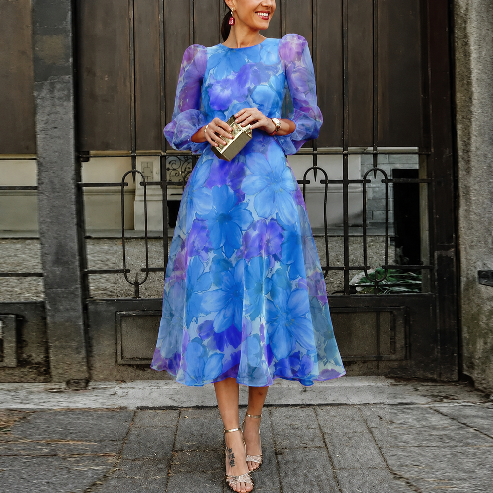 Festliches romantisches Damen Blumenkleid mit Puffärmeln, A-Linie, als elegantes Hochzeitsgast- oder Partykleid.