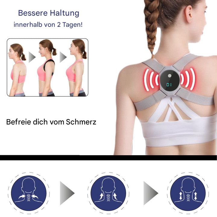 Unisex EMS-Haltungsbandage PosturePro am Rücken getragen, unterstützt ergonomisch die aufrechte Haltung.