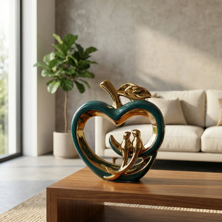 Elegante Keramik Apfel Skulptur in blaugrün und orange; modernes Design für Wohnzimmer Dekoration und Homedekor Akzent.
