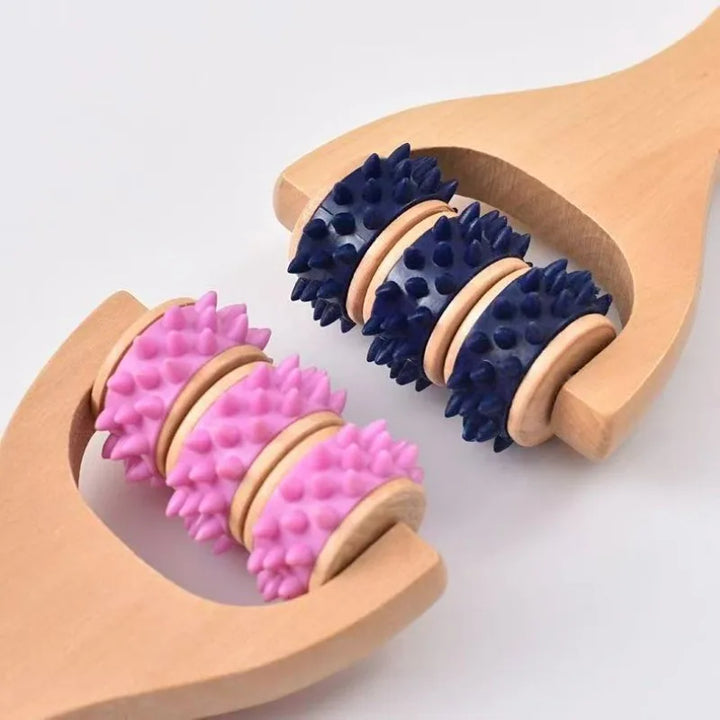 Ergonomisches Holz-Massagerollen-Set für gezielte Rücken- und Nackenmassage zur Entspannung.