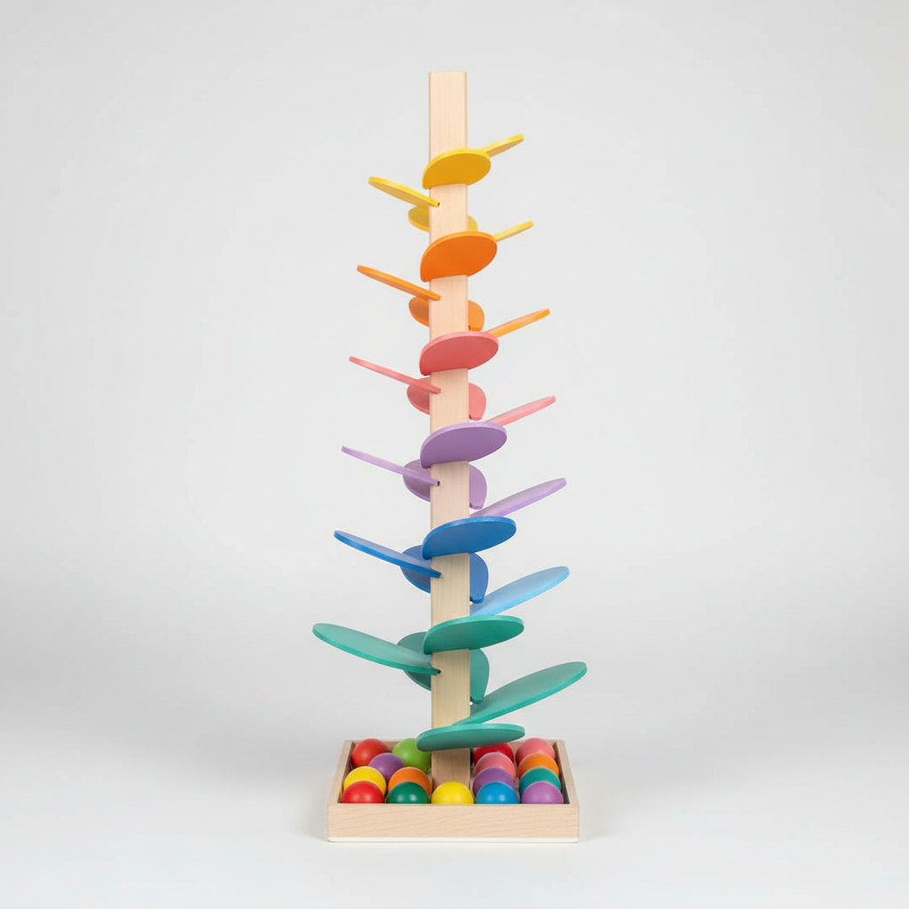 Murmelbahn-Klangbaum aus Holz mit bunten Kugeln, weckt Neugier & fördert auditive Wahrnehmung der Kleinkinder.