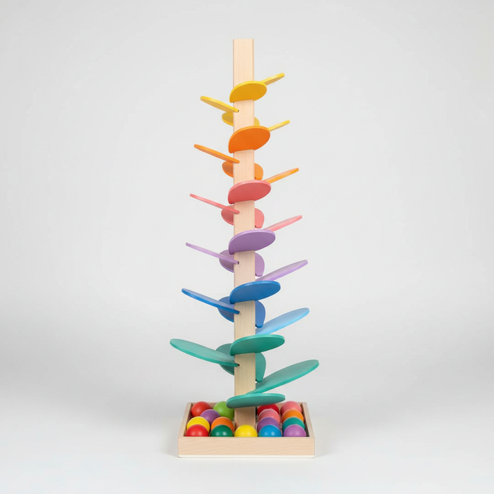 Murmelbahn-Klangbaum aus Holz mit bunten Kugeln, weckt Neugier & fördert auditive Wahrnehmung der Kleinkinder.
