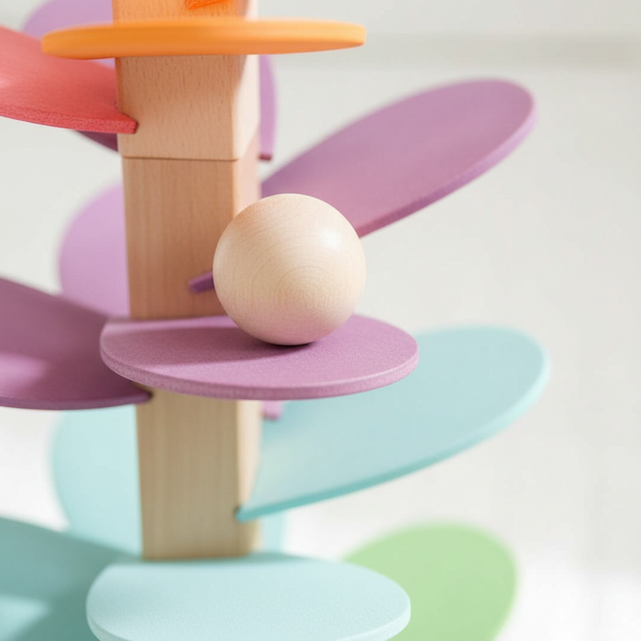 Kleinkind spielt begeistert mit Klangbaum Holzspielzeug, lernt Farben & Töne, entwickelt spielerisch Motorik.