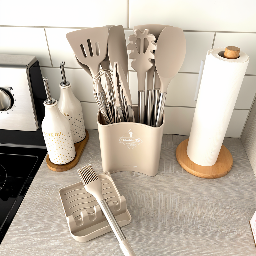 Premium 12-teiliges Silikon Küchenutensilien Set mit Edelstahlgriffen für Hobbyköche.