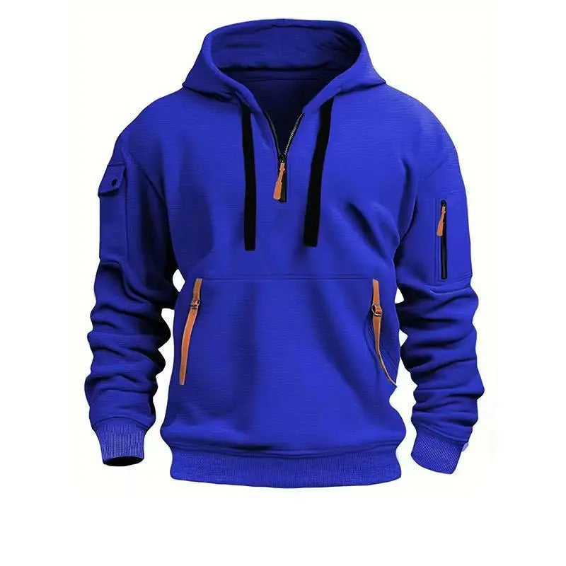 Vielseitiger Herren Kapuzenpullover mit Reißverschlusstaschen & Ärmelfach. Lässig für Sport & Alltag.