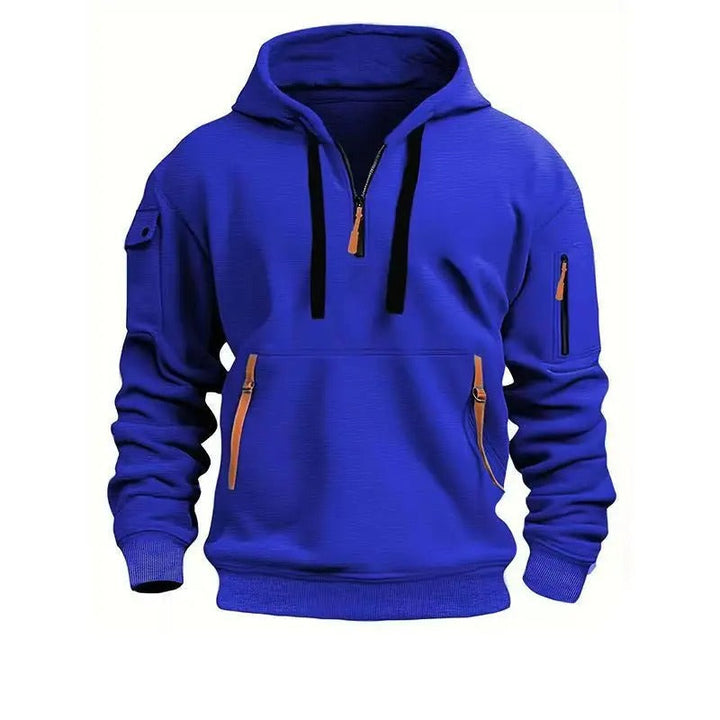 Vielseitiger Herren Kapuzenpullover mit Reißverschlusstaschen & Ärmelfach. Lässig für Sport & Alltag.