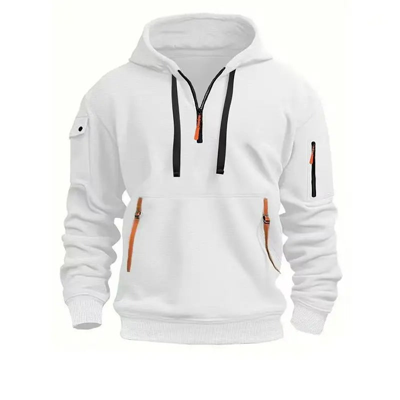 Grauer Herren Kapuzenpullover mit funktionalen Reißverschlusstaschen & Kapuze. Sportlich & modern.