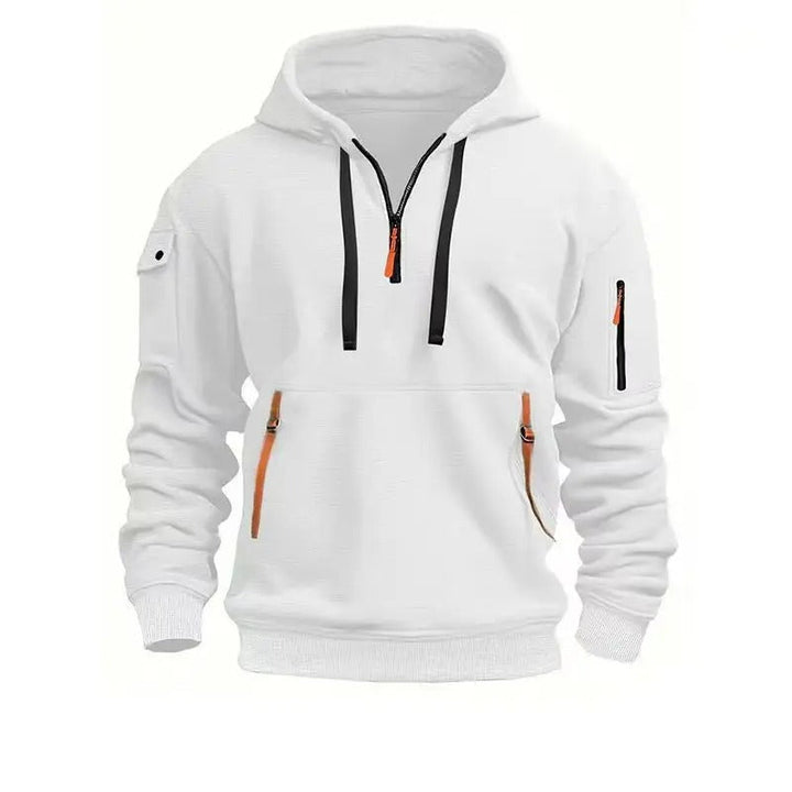 Grauer Herren Kapuzenpullover mit funktionalen Reißverschlusstaschen & Kapuze. Sportlich & modern.