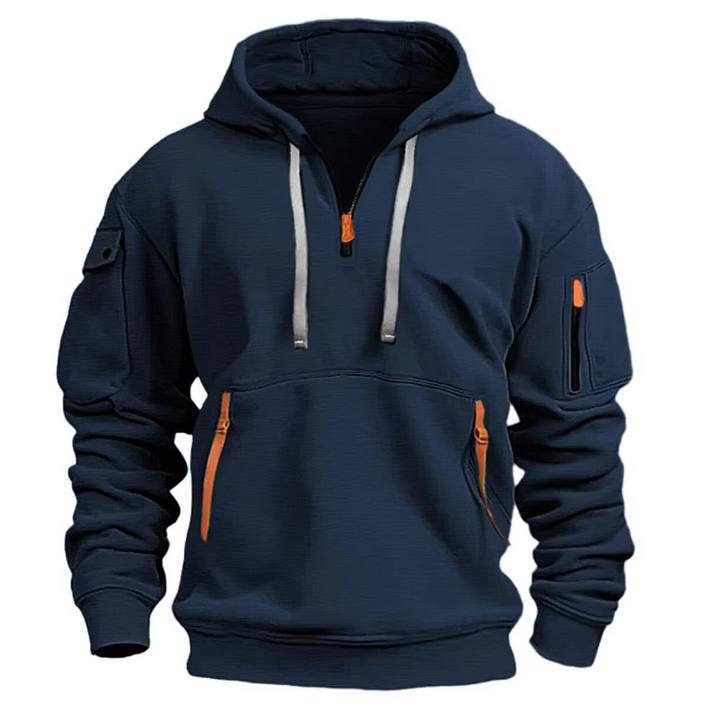 Grauer Herren Kapuzenpullover mit Reißverschlusstaschen und Kapuze, sportlich & bequem für Freizeit.