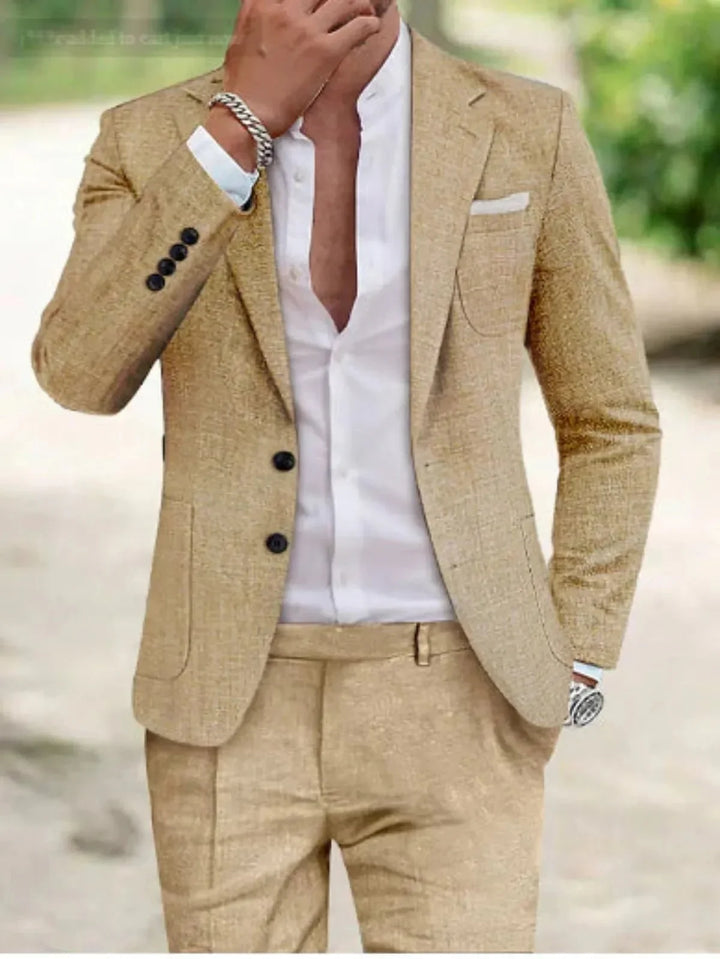 Eleganter zweiteiliger Herren Anzug, klassisch und modern, perfekt für Hochzeiten und festliche Ereignisse.