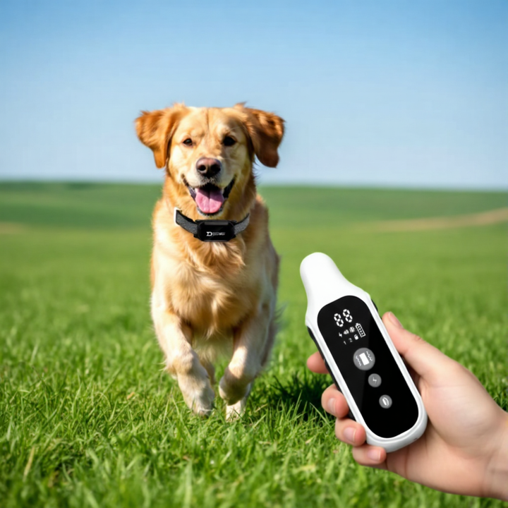 Hund beim Training mit wasserdichtem Halsband & Fernbedienung; effektiv für Signal & Vibration. Hundezubehör.