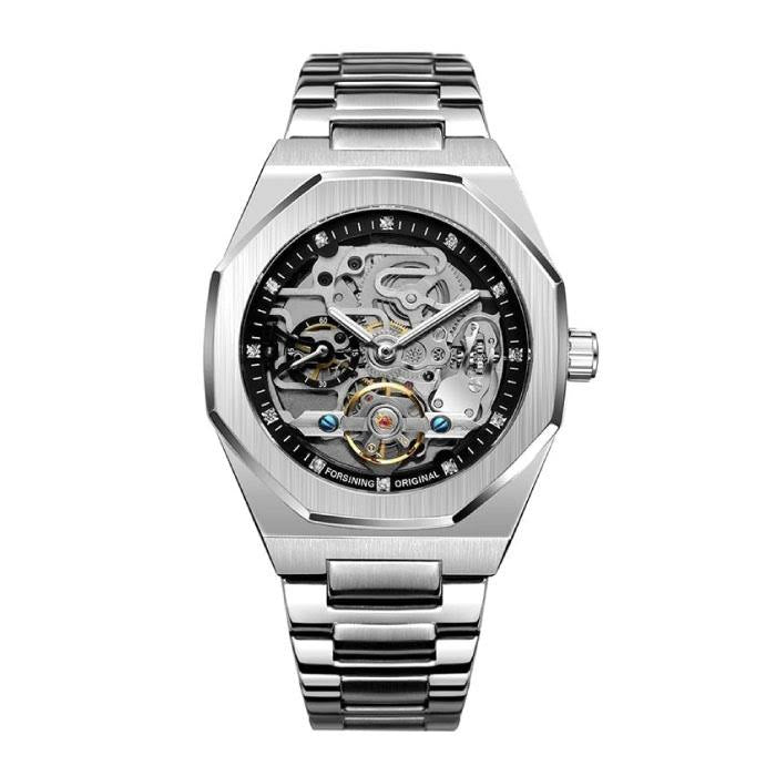 Herren Mechanische Skeleton Automatikuhr mit elegantem Edelstahlband, ein moderner Zeitmesser.