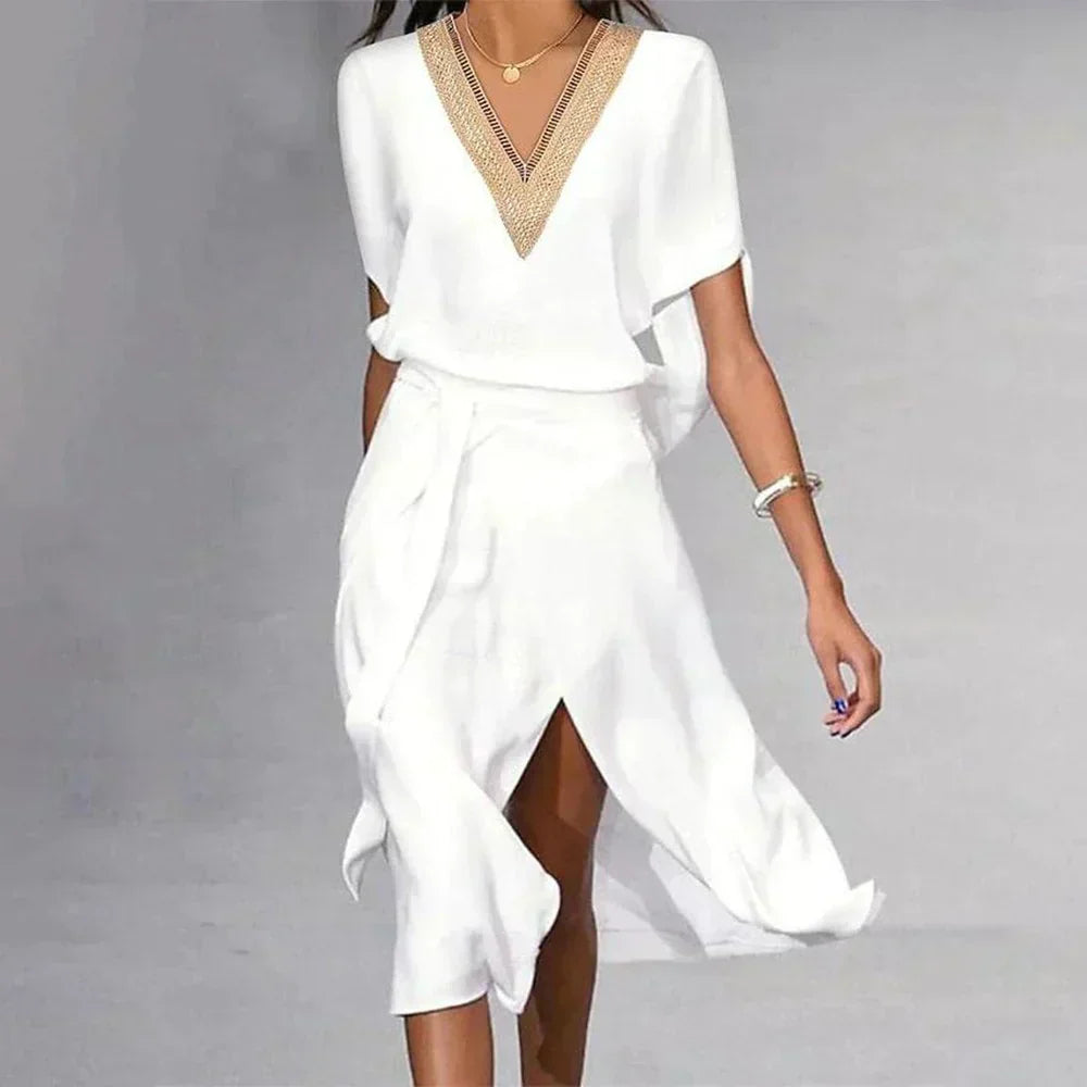Elegantes weißes Damen Wickel-Midikleid mit V-Ausschnitt. Figurschmeichelndes Sommerkleid, ideal für Alltag & Feste.