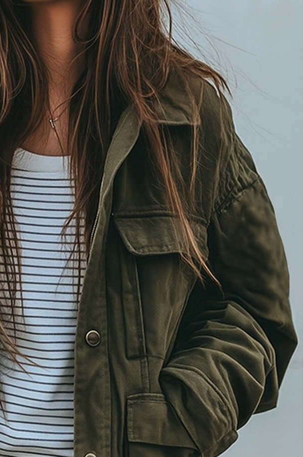 Robuste, grüne Damen Utility-Jacke mit lockerer Oversized-Passform. Ideal als vielseitige Freizeitjacke im Herbst.
