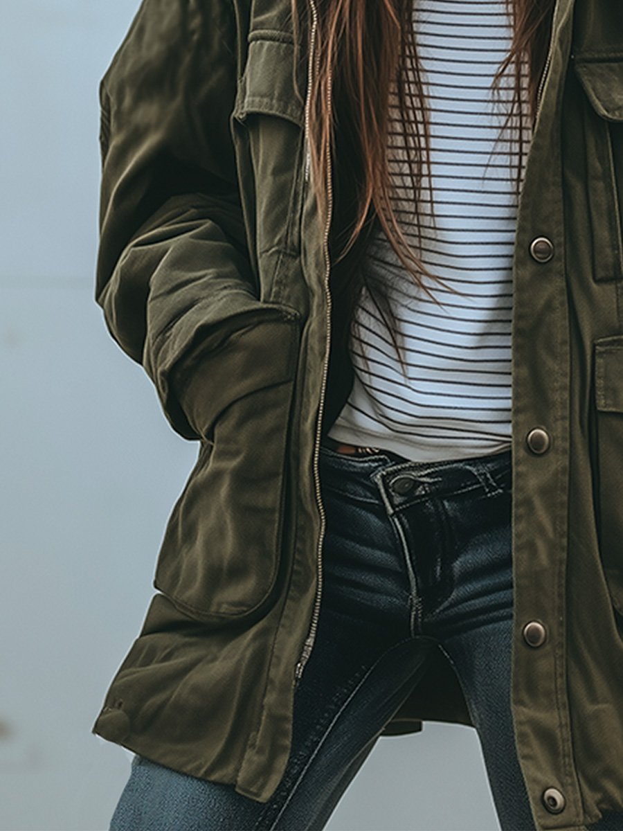Modische Damen Utility-Jacke in Grün, robuster Military-Stil. Lässige Oversized-Freizeitjacke für den modernen Look.