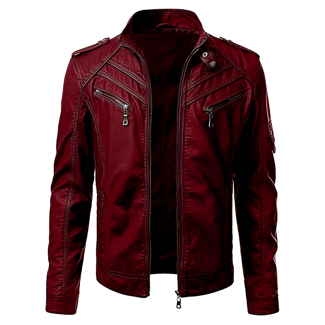 Moderne Herren Bikerjacke in Schwarz, Rot oder Braun. Stylische Männerjacke für Frühling & Herbst mit markantem Design.