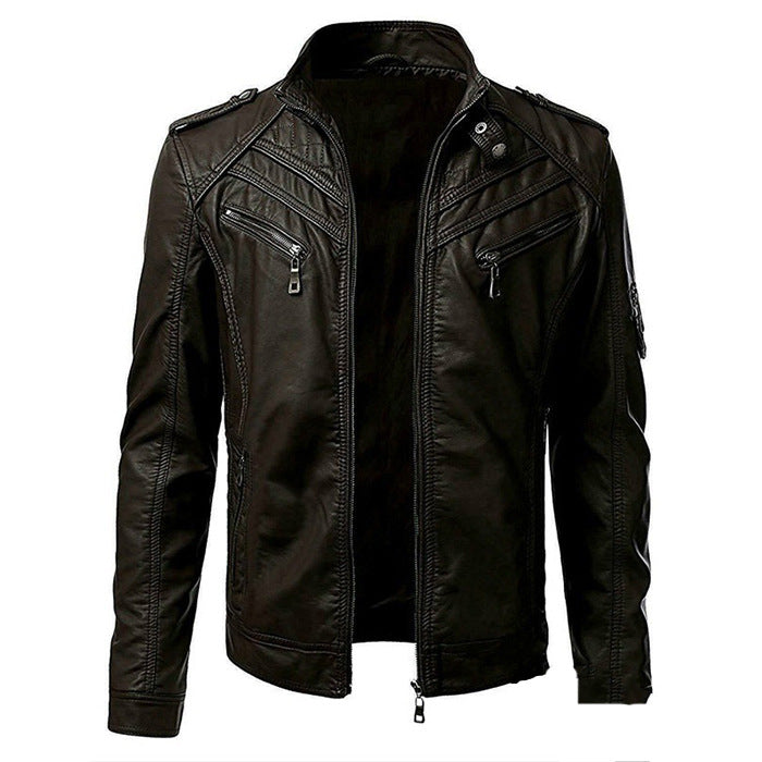 Lässige Herren Bikerjacke mit Stehkragen. Robuste Übergangsjacke für Streetwear Fashion, ideal für Herbst & Frühling.