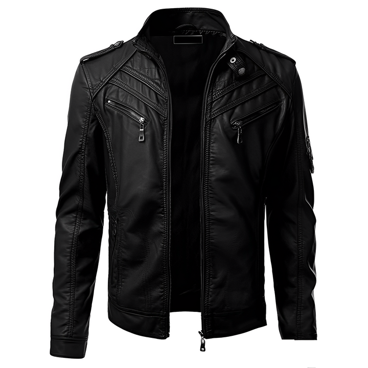 Markante Herren Bikerjacke in Schwarz mit Stehkragen. Perfekte Übergangsjacke für Streetwear & Casual Looks im Herbst.