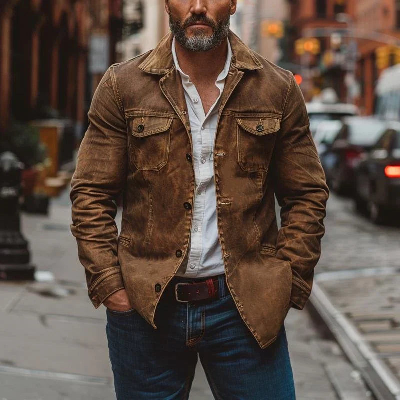 Herren robuste Freizeitjacke mit Hemdkragen und Knopfleiste. Lässige Übergangsjacke für Frühling und Herbst, mit Brusttaschen.