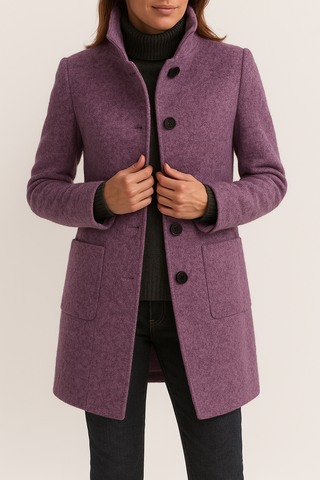 Modischer Damen-Übergangsmantel mit elegantem Kragen. Perfekt für Herbst/Winter und einen schicken Büro-Look.