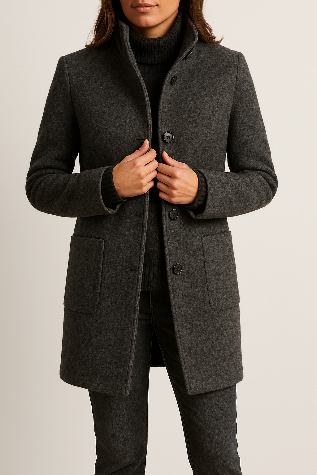 Eleganter Wintermantel für Damen, stilvoller Kragen akzentuiert die weibliche Silhouette. Ideal für den Stadtbummel.