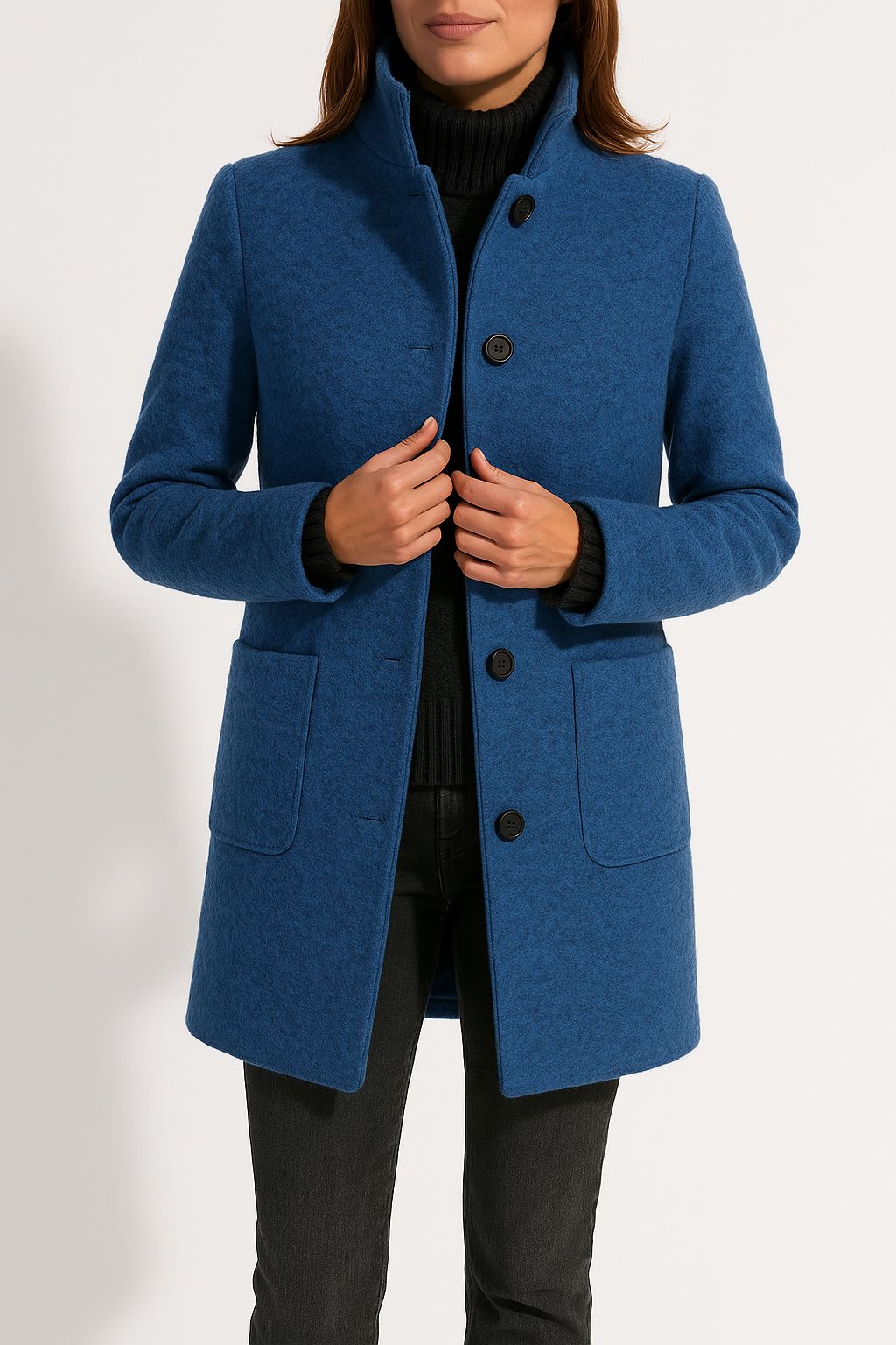 Eleganter Damenmantel für Herbst & Winter mit stilvollem Kragen, betont die weibliche Silhouette.