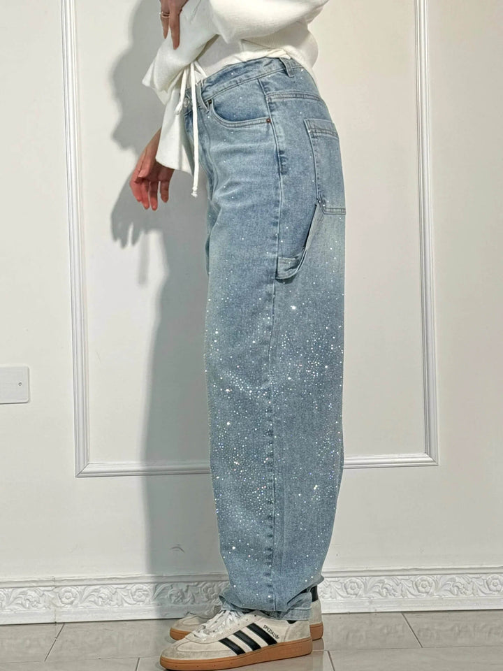 Glamouröse Damen Baggy Jeans mit schimmerndem Glitzer, weite Wide Leg Hose für besondere Anlässe.