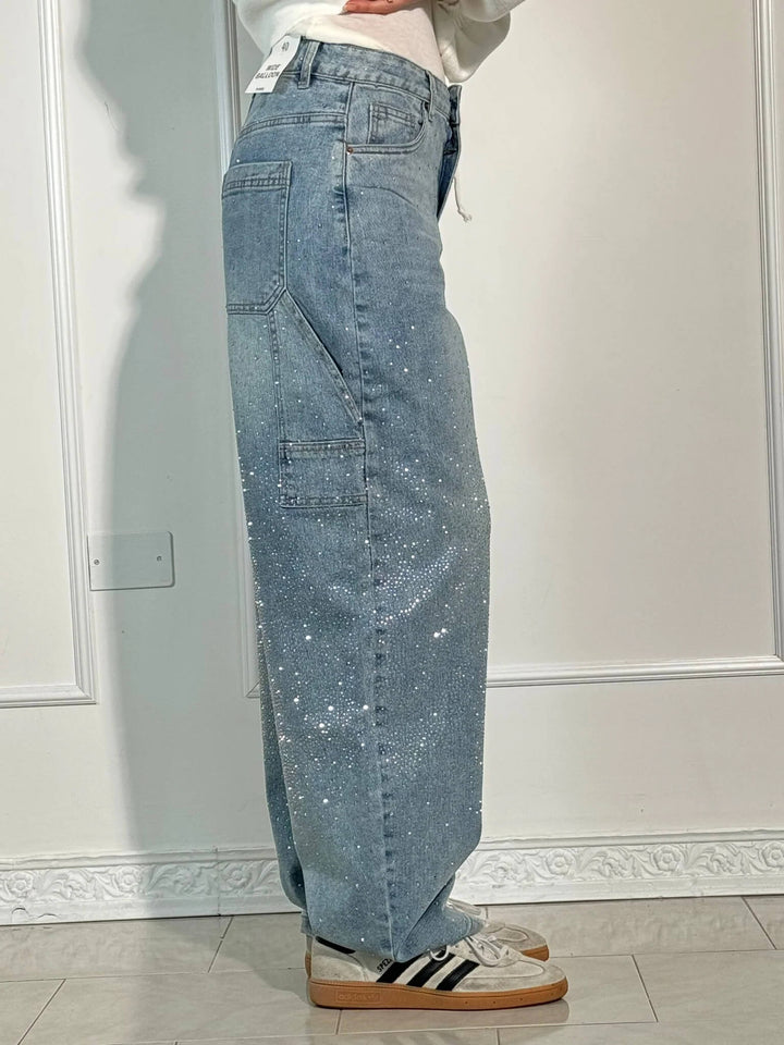 Freizeit-taugliche Damen Baggy Jeans mit stylischem Glitzer, bequeme Wide Leg Hose in lockerer Passform.