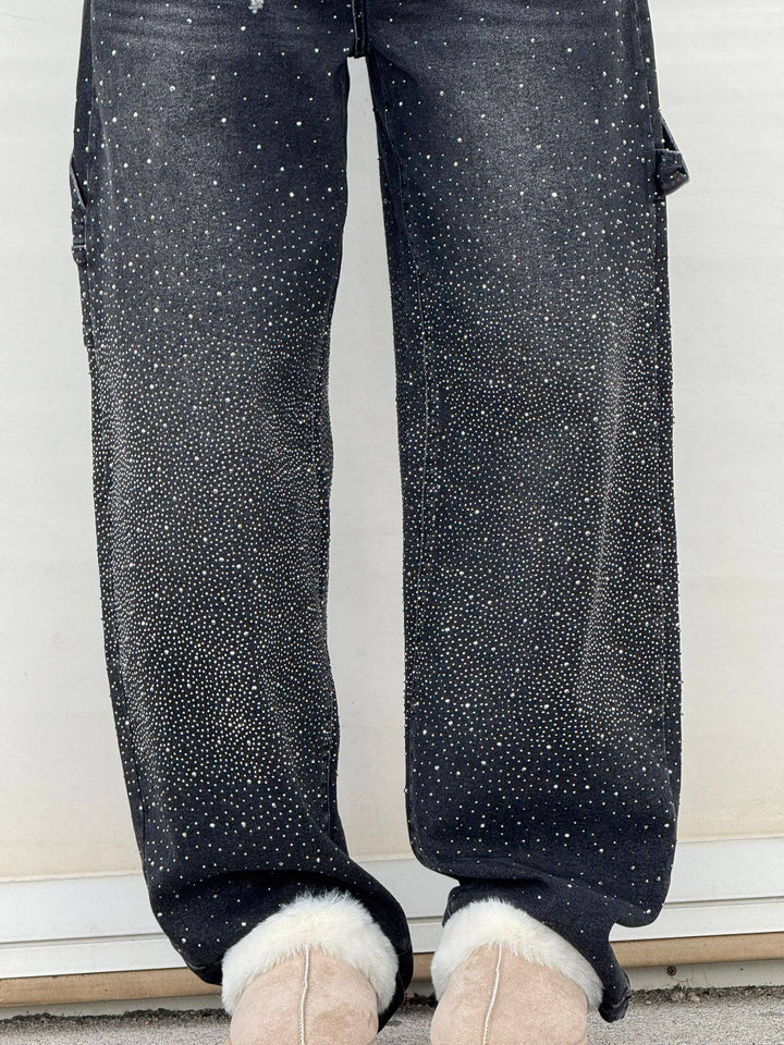 Elegante Damen Baggy Jeans mit Glitzer, weite Wide Leg Hose, ideal für glänzende Auftritte & Bequemlichkeit.