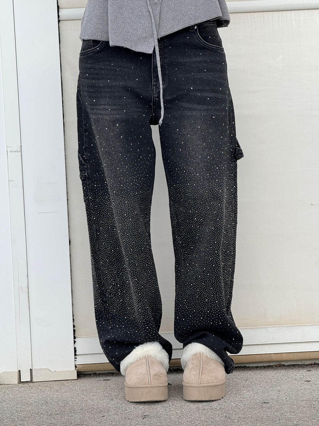 Funkelnde Damen Baggy Jeans mit Glitzer, weite Wide Leg Hose, die Komfort und Stil perfekt vereint.
